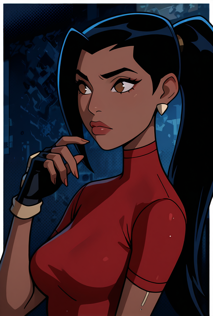 26336-3170544167-_lora_ovkai-10_1_ ovkai, 1girl, long hair, black hair, dark skin, ponytail, earrings, lips, red shirt, short sleeves, turtleneck.png